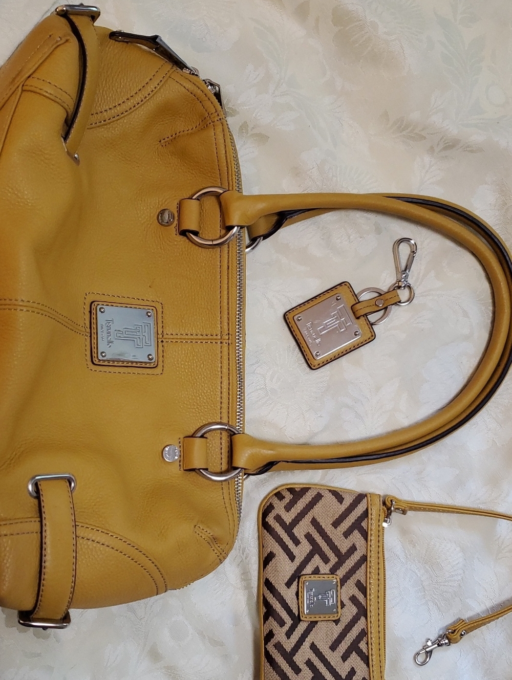Tignanello Y2K Vintage Mustard Leather Handbag, Matching Wristlet, Keychain